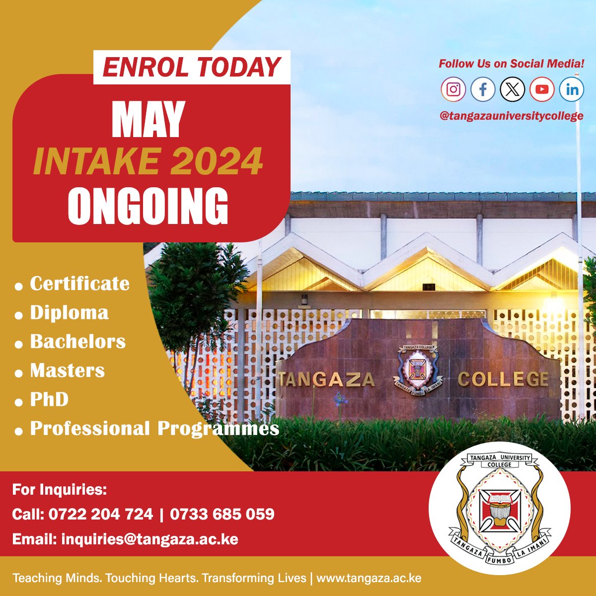 Don't miss out! Our May intake at Tangaza University is still open for enrollment. Secure your spot today and embark on a journey of knowledge and growth.
#TangazaUniversity #MayIntake2024 #EnrollNow #EducationForAll