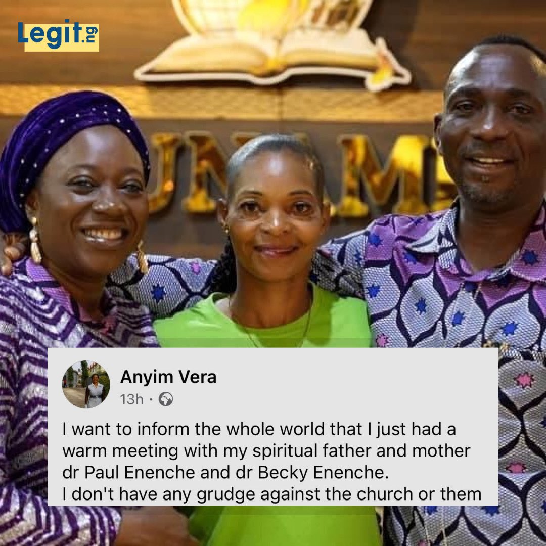 Law graduate who was embarrassed by Pastor Paul Eneche, while giving her testimony in church, has decided to put the situation to rest. In a post on her Facebook, Anyim Vera shared a photo with the pastor and his wife. She says, “I don't have any grudge against the church or