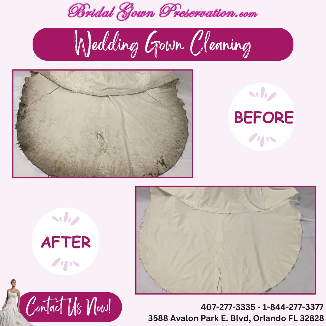 See the transformation of this #bridalgown from dull to dazzling! Our wedding gown cleaning service works wonders, bringing back the sparkle to your special dress. Reach out to us today to schedule your gown's restoration!#Orlando #WeddingGown #WeddingDressCleaning #DressCleaning