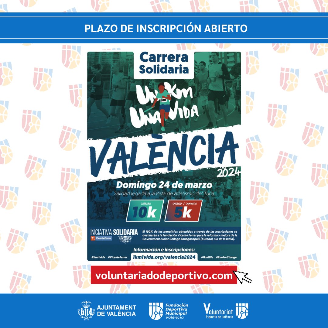 🏃🏽‍♀️ Últimos días para ser voluntari@s para @1km1vida que se disputará el próximo sábado 20 de abril en la ciudad de València.💻 Inscríbete desde el enlace en la bio del perfil.
#YoSoyVoluntario #VoluntariadoDeportivo #VoluntariadoDeportivoValencia