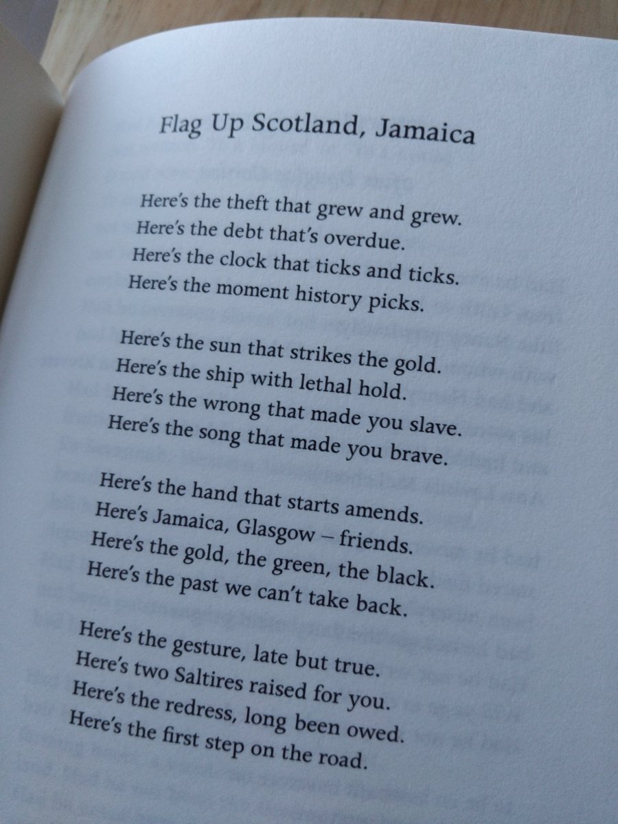 Entranced by @JackieKayPoet brilliant new collection #MayDay @picadorbooks Wonderful to see inclusion of Flag Up Scotland Jamaica, commissioned by @UofGlasgow to mark their historic report 'Slavery, Abolition & University of Glasgow' @UofGBenibaCtr