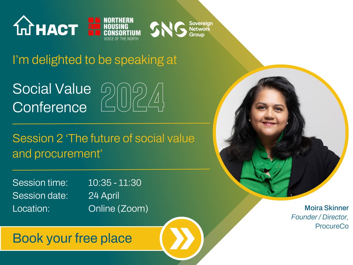 Join us at next week's FREE Social Value Conference – hosted by @HACThousing, @NHC & @sovereignha – to hear ProcureCo Founder / Director Moira Skinner discuss the future of #SocialValue & #procurement.

Book now at events.zoom.us/ev/AlbsIrgG_NY…

#HACTNHCSVConf2024