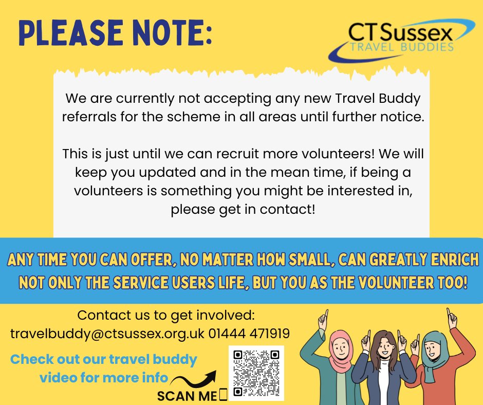 We are currently not accepting any new Travel Buddy referrals until further notice. This is until we can recruit more volunteers! If this is something you might be interested in contact us:
travelbuddy@ctsussex.org.uk 01444 471919 #VolunteerOpportunity #TravelBuddies
