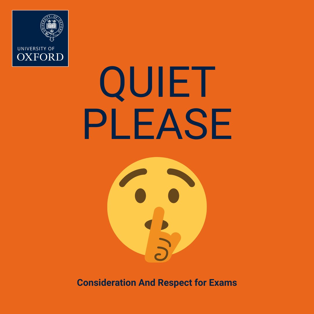 We’re asking everyone to be considerate & respectful this term, to give students the best chance in their assessments. Please: 🤫 keep noise to an absolute minimum 🤫 don't congregate when leaving exams 🤫 don't congregate to noisily greet finalists 👉 ox.ac.uk/take-care