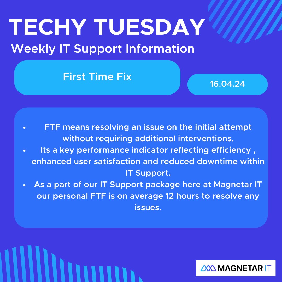 What is first-time fix? 🌎 At Magnetar IT we offer a 100% satisfaction guarantee. This means that if you're not happy with that month's service, we will refund your monthly fee. ⚡ #magnetarit #itconsultancy #techytuesday #itsupport #FTF