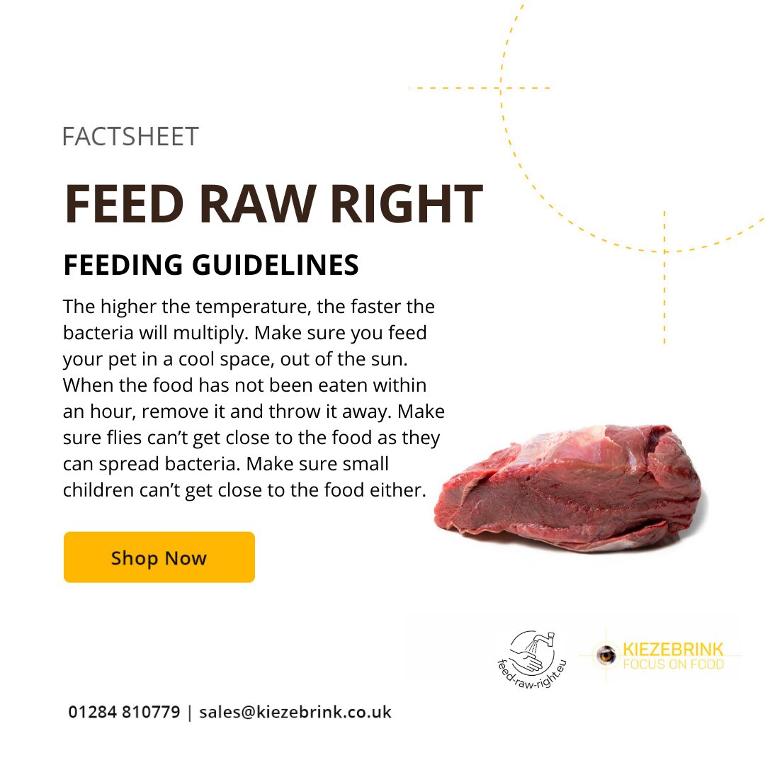 Prevent cross-contamination when feeding your pet:

✅ Keep food cool and shaded
✅ Discard after an hour
✅ Keep flies away
✅ Child-proof the feeding area

kiezebrink.co.uk/index.php?rout… #PetSafety #RawFeedingTips
