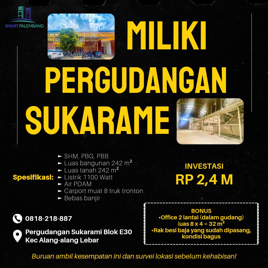 SmartPalembang's tweet photo. Miliki Pergudangan Sukarame 

SHM, PBG, PBB
Luas 242 m²
Carport muat 8 truk tronton

Bonus: office 2 lantai (dalam gudang) dengan luas 32 m²

📱0818-218-887

Buruan survei lokasi sebelum kehabisan❗️

#sukaramipalembang
#gudangpalembang
#propertipalembang
#smartpalembang https://t.co/NZJktzmMaY