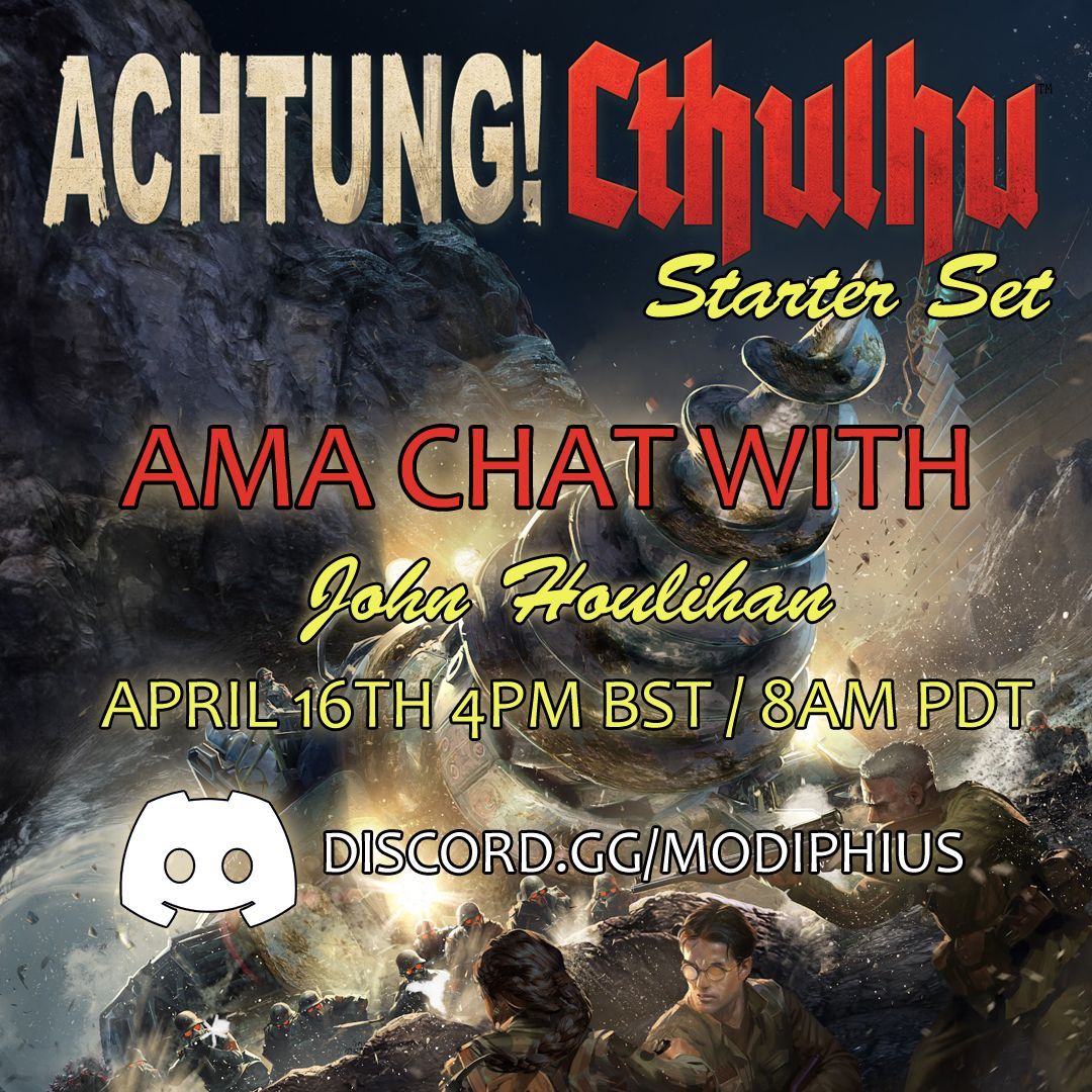 Join us for an AMA chat with John Houlihan where he answers all of your questions about the Achtung! Cthulhu Starter Set! 4pm BST / 8am PDT on buff.ly/4aTVueq #cthulhu #achtungcthulhu