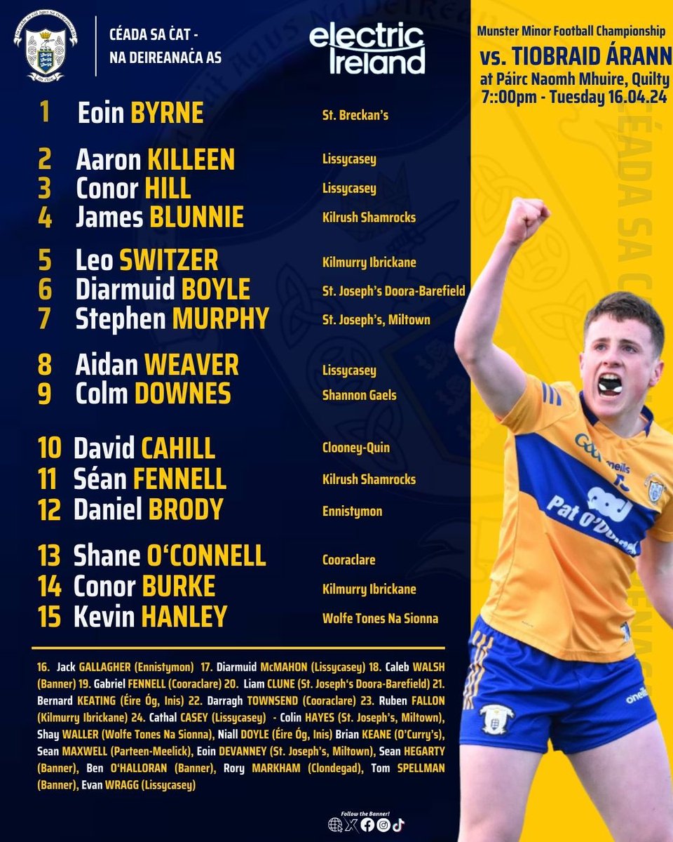 The Clare Minor Football side to host Tipperary in Quilty’s Páirc Naomh Mhuire tonight has been named. Throw in for this @ElectricIreland @MunsterGAA Minor championship tie is at 7pm

Match tickets available at universe.com/users/munster-…

Best of luck boys 🟡🔵🟡💪