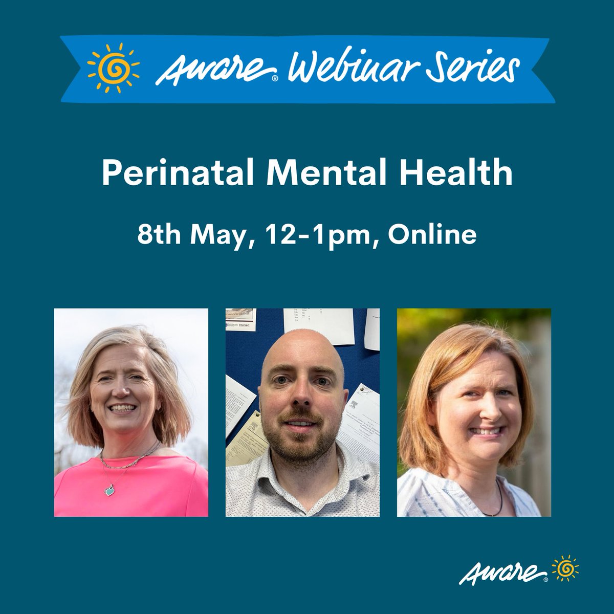 Join us for our free May webinar on perinatal mental health👉 aware.ie/webinars/upcom… We'll be joined by Dr Richard Duffy, Consultant Perinatal Psychiatrist & Dr Orla Conlon, Consultant Gynaecologist. We'll also be joined by Maria Kane who will share her lived experience story.