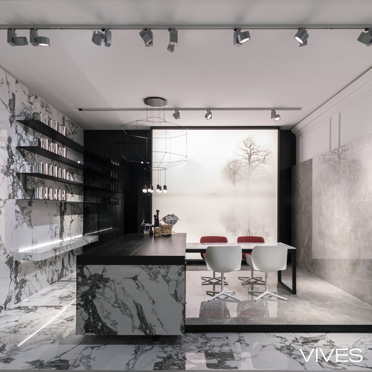 Floors and walls with the elegance and shine of marble with Arue-R Polished porcelain tile, available in three different formats: 59,3X119,3 cm, 119,3X119,3 cm and 79,3X179,3 cm, from the Marblelous collection. ow.ly/1MiE50RcX4w #vives #marble #kitchentiles #kitchedesign