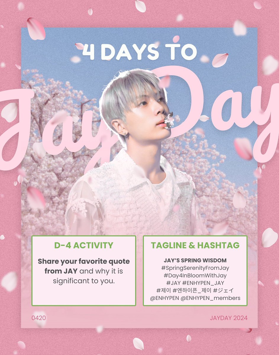 PJAYVOTINGTEAM's tweet photo. [D-4]

❝  Dreams do become reality one day if you don't give up.  ❞
— Park Jongseeong

What is your favorite JAY quote?

JAY’S SPRING WISDOM
#SpringSerenityFromJay #Day4InBloomWithJay
#JAY #ENHYPEN_JAY #제이 #엔하이픈_제이 #ジェイ@ENHYPEN @ENHYPEN_members https://t.co/52qqjqH3tL