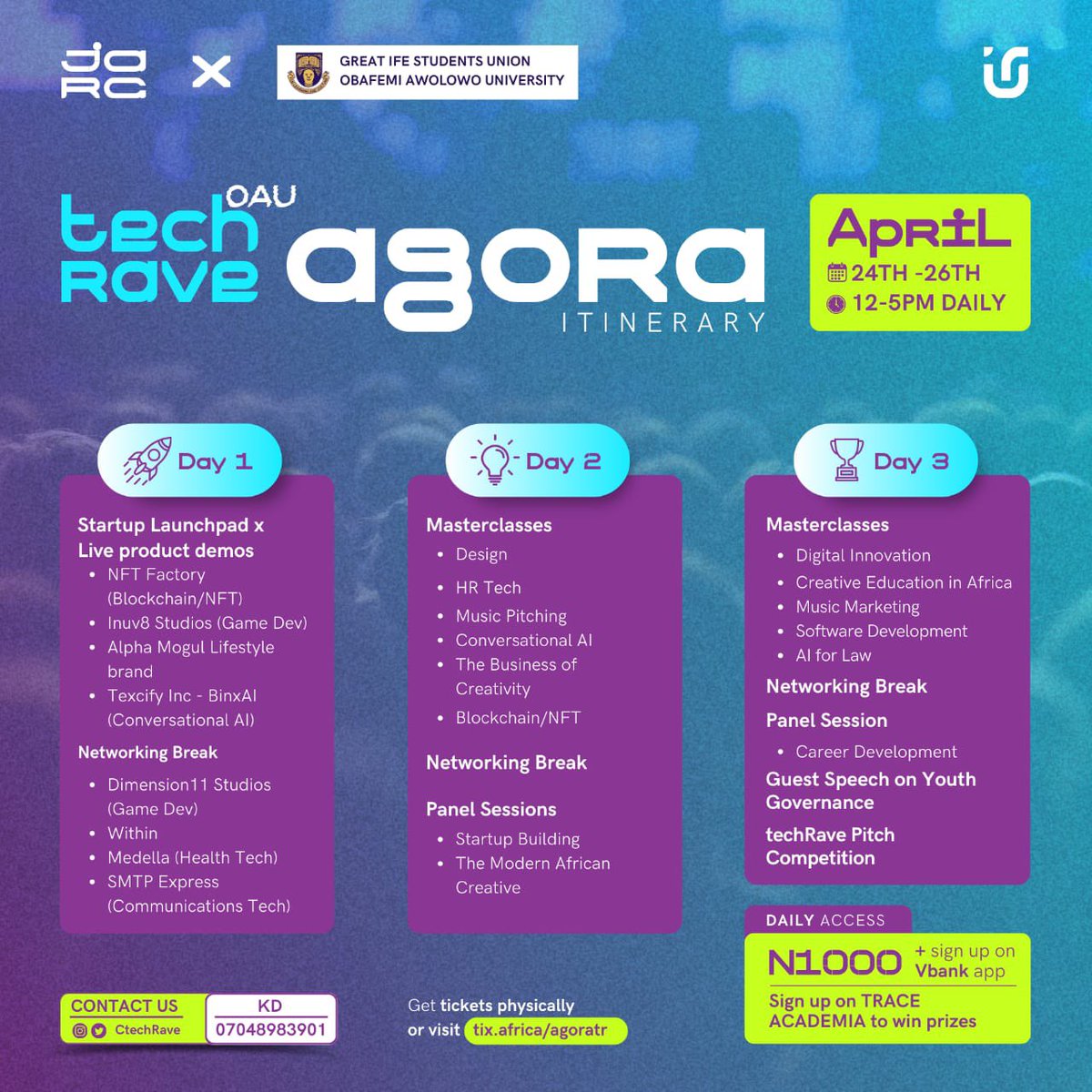 CtechRave's tweet photo. *techRave Arena*

Visit the techRave Arena on Day 1 and 2 for a host of exhilarating experiences. 🔥🔥🔥

Access the Villages
* TechVille
* GateWay
* MuskTown
* Snack Shack

Our Games Area boasts 
* VR
* Video games
* Life-size Checkers
* Snookers
* Table tennis https://t.co/f5nMB4yie6