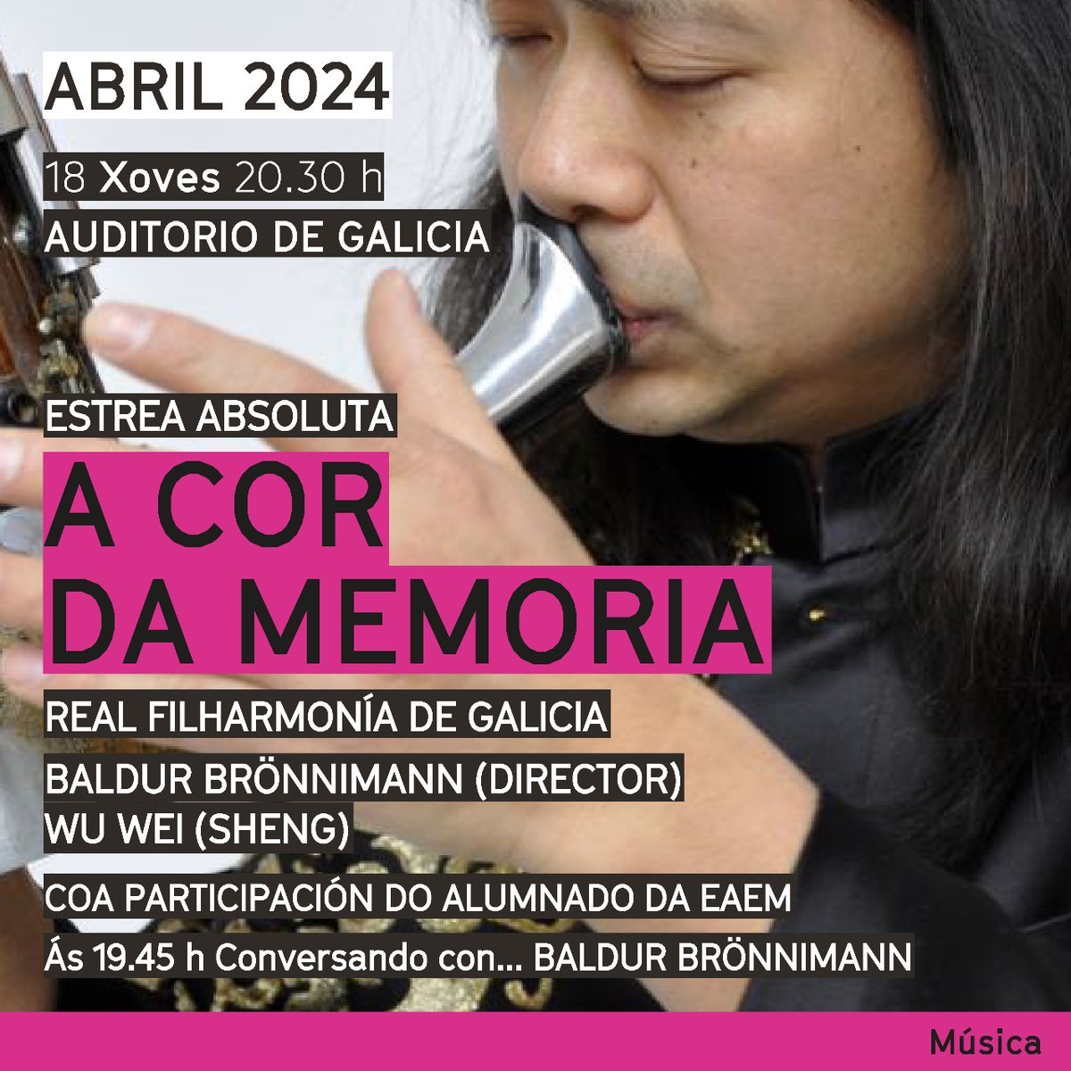 🎼 Brönnimann dirixirá a <a href="/rfgalicia/">Real Filharmonía de Galicia</a> no concerto 'A cor da memoria', que contará con Wu Wei ao sheng. 

⭐O programa inclúe a estrea absoluta de 'Ecos vermellos' e a estrea en España de 'A cor amarela para sheng e orquestra'

🎟️Entradas (18 €)na Zona C e compostelacultura.gal