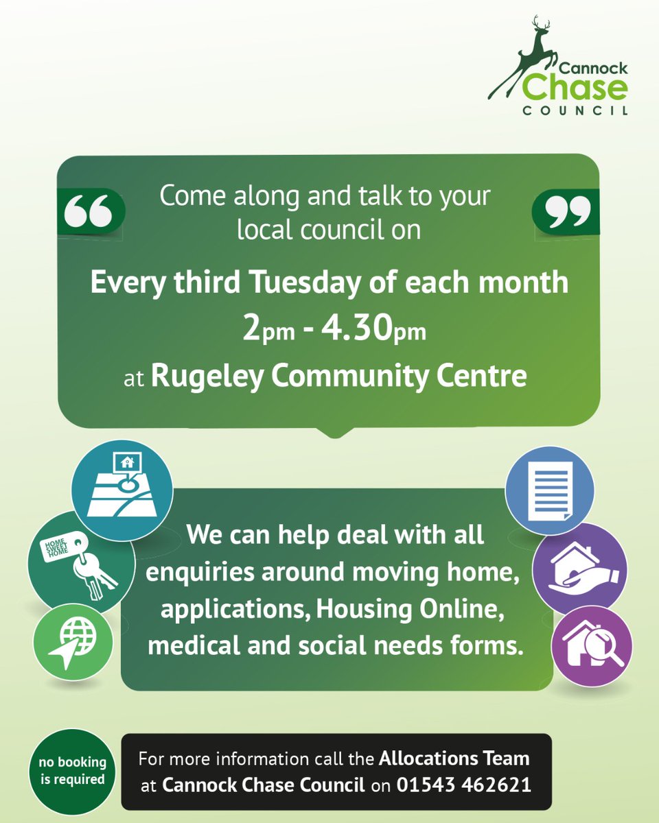 We will be at Rugeley Community Centre today (16 April) from 2-4:30pm to answer questions on housing applications, moving house, applying online and more. #CCDCHousing