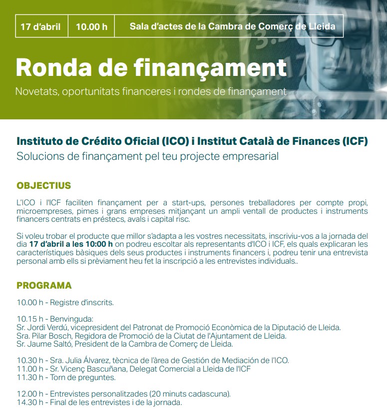 📌 El delegat comercial de l'ICF a Lleida, Vicenç Bascuñana, participa demà a la jornada 'Ronda de finançament. Novetats i oportunitats financeres', a la @cambralleida. També hi participarà l'@ICOgob. 📲 Inscripcions, en aquest enllaç: docs.google.com/forms/d/e/1FAI…