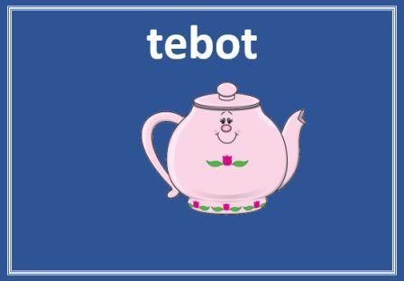 O’R GEGIN I’R BWRDD.  Geiriau llestri a chyfarpar gegin.  Dishes and kitchen utensils.
6.Tebot
Cofia gynhesu’r tebot cyn rhoi’r te i mewn.  
Remember to warm the teapot before putting the tea in. #AryBwrdd #DysguCymraeg