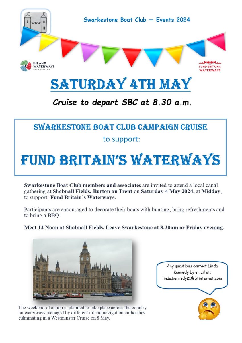 Swarkestone Boat Club will be holding a campaign cruise on Saturday 4th May as part of the #FundBritainsWaterways weekend of action. All welcome!