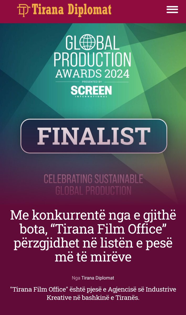 Me konkurrentë nga e gjithë bota, “Tirana Film Office” përzgjidhet në listën e pesë më të mirëve *** “Tirana Film Office” është pjesë e Agjencisë së Industrive Kreative në bashkinë e Tiranës. Lexoje të plotë 👇 tiranadiplomat.com/2024/04/16/me-… @erionveliaj