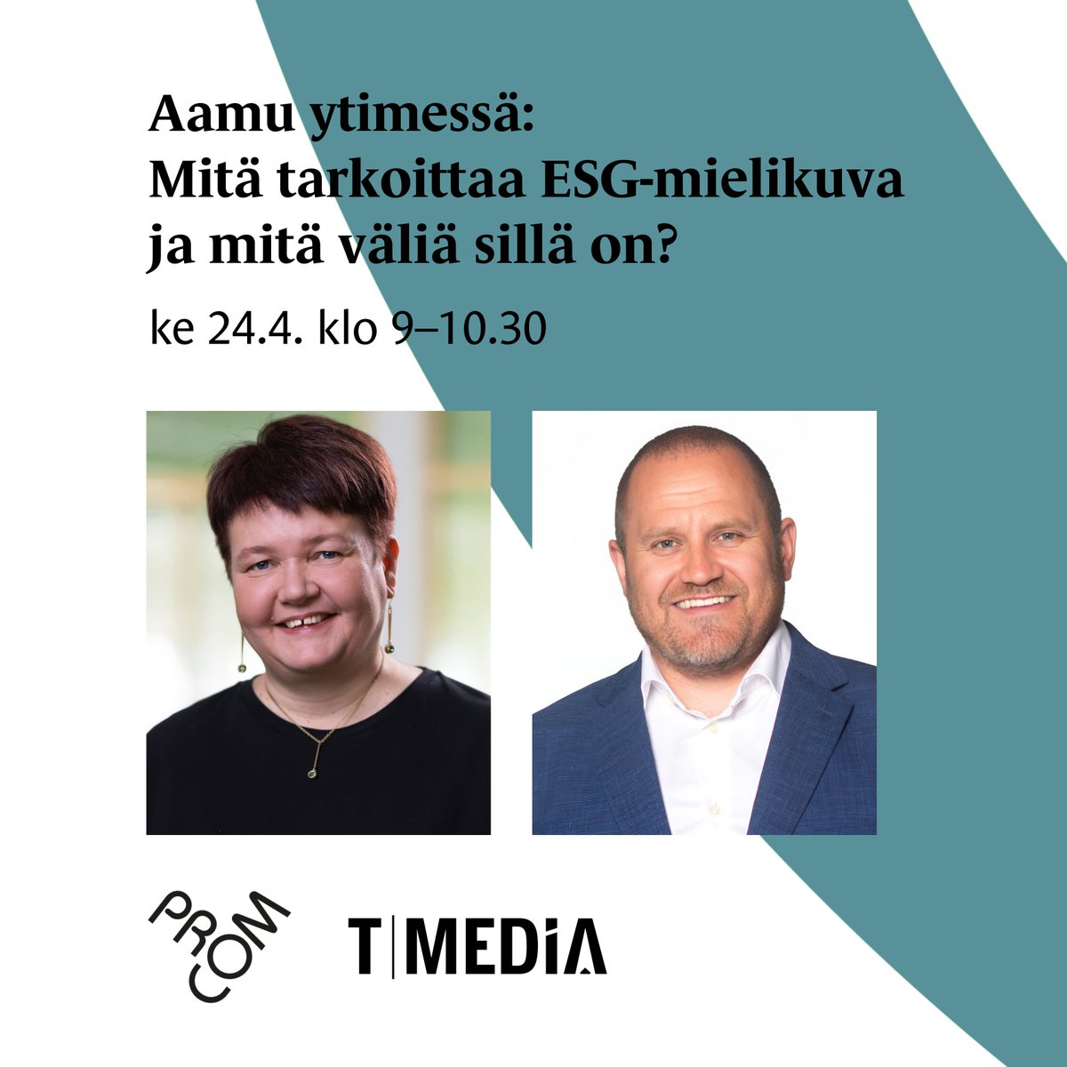 Jokaisesta yrityksestä on olemassa vastuullisuusmielikuva.🔔Aamu ytimessä -tilaisuudessa ke 24.4. klo 9-10.30 käsittelemme ESG-teemoja. Puhumassa @ElomaaNina ja @RikuRuokolahti. Ilmoittaudu: tapahtumat.procom.fi/tapahtumat/aam…… Yhteistyössä @TMedia_Advisory, striimauskumppani @StremiaLive.