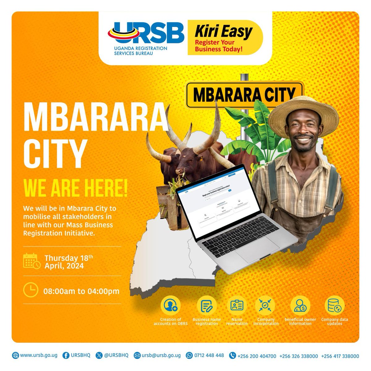 HELLO MBARARA CITY. Join us as we mobilize stakeholders for the Mass Business Registration Initiative on Thursday, April 18th, 2024, from 8 AM to 4 PM. #KiriEasy. #BusinessRegistrationUG.