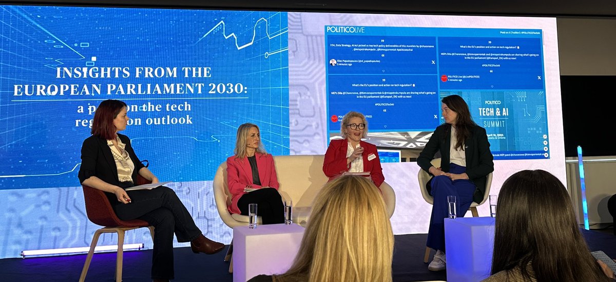 #PoliticoTechAISummit For the next mandate, MEP <a href="/miapetrakumpula/">Miapetra Kumpula-Natri</a> would like
- more consistency among 🇪🇺 rules 
- some attention to cybersecurity (we are facing conflicts at our boarders)

She adds: Let’s not forget that the EU is also a security structure - an economic security.