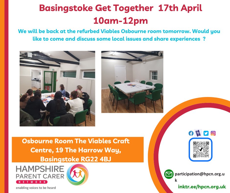 Join us tomorrow morning at the newly refurbished Osbourne room at Viables Craft Centre for our Basingstoke Get Together!  
Something to discuss or feedback for services? Come connect with other parent carers and share your experiences. #Basingstoke #SupportGroup #ParentCarers