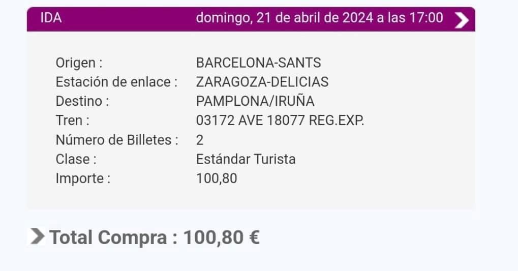 laurapezonaga's tweet photo. ➡️ Vendo 2 BILLETES de tren Barcelona-Zaragoza-Pamplona (son dos trenes, pero la conexión es seguida) para el domingo 21 de abril a las 17:00 desde Sants. 

No los podemos usar por motivos personales.

El precio es de 50€/persona 📝

#Renfe #BCN #Pamplona https://t.co/rFLJKnXmMy