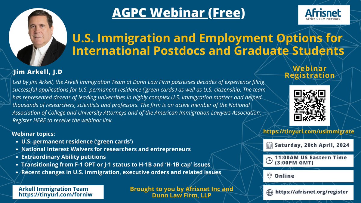 Navigating the United States immigration system can be tricky and, a bit, scary. Attend this webinar and receive FREE information and tips from successful immigration attorneys from the Arkell Immigration Team- Dunn Law Firm, LLP.  Register via this link: tinyurl.com/usimmigrate