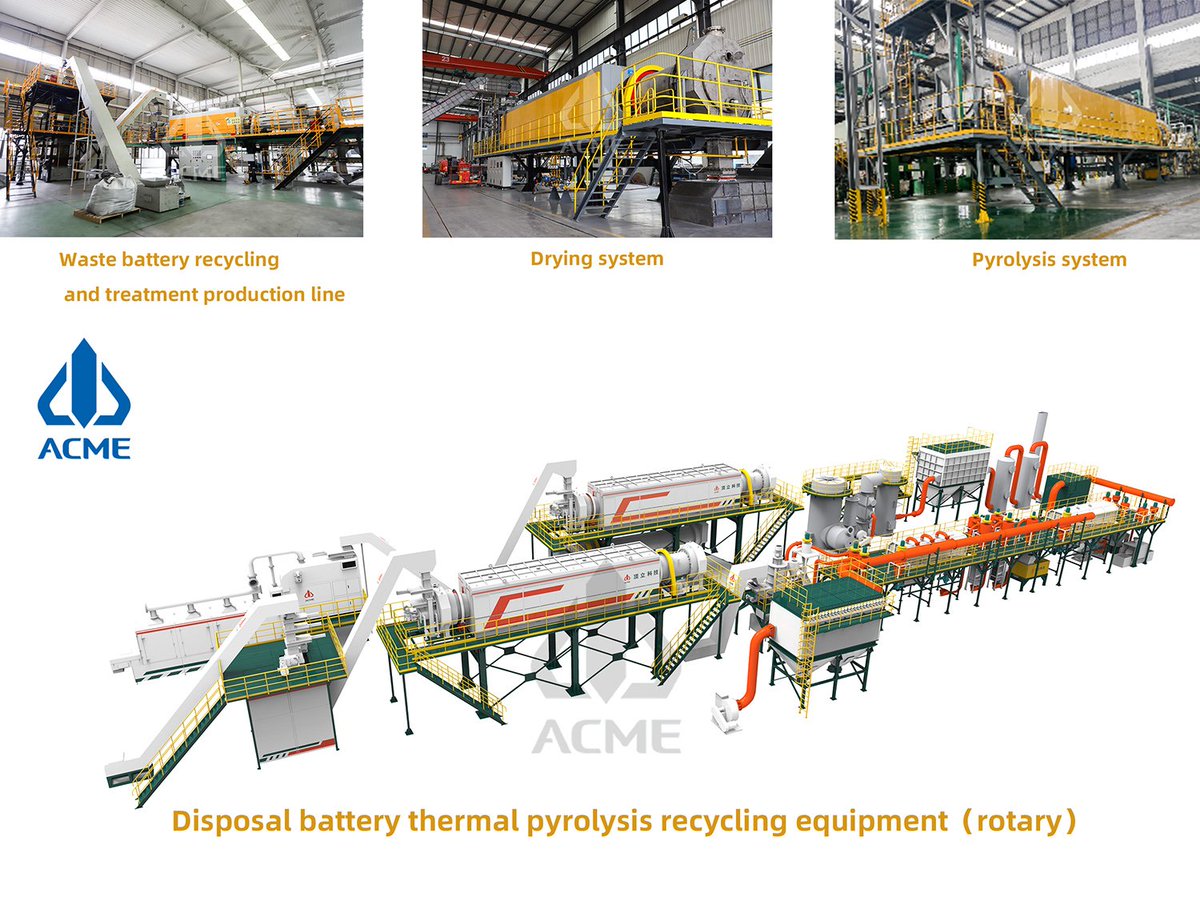 #ACME #Disposal #battery thermal #pyrolysis #recycling equipment（rotary）

#drying+pyrolysis system.
✅Efficient #Chinese pyrolysis of #organic matter
✅#Hightemperature reduction of high-value metals
✅Organic matter removal rate of 99%
✅#Electrode material reduction rate 99%