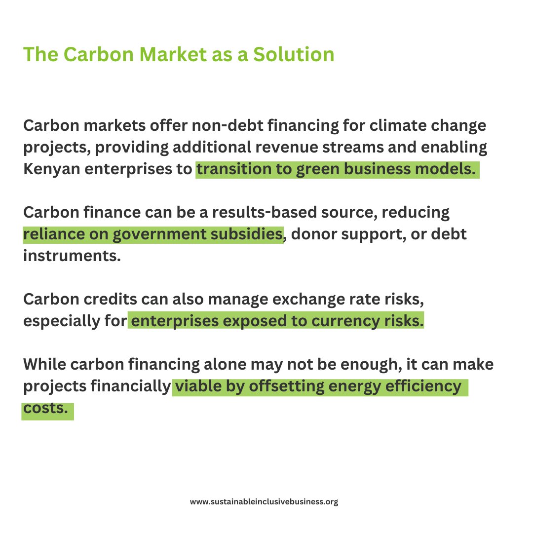 Why does the #CarbonMarket matter for Kenyan Enterprises? One reason is that it can compliment other sources of financing by providing additional revenue streams that can improve the economics of a project. Find the details on the #CarbonMarketGuidebook 👉🏽 bit.ly/3vR0ilO