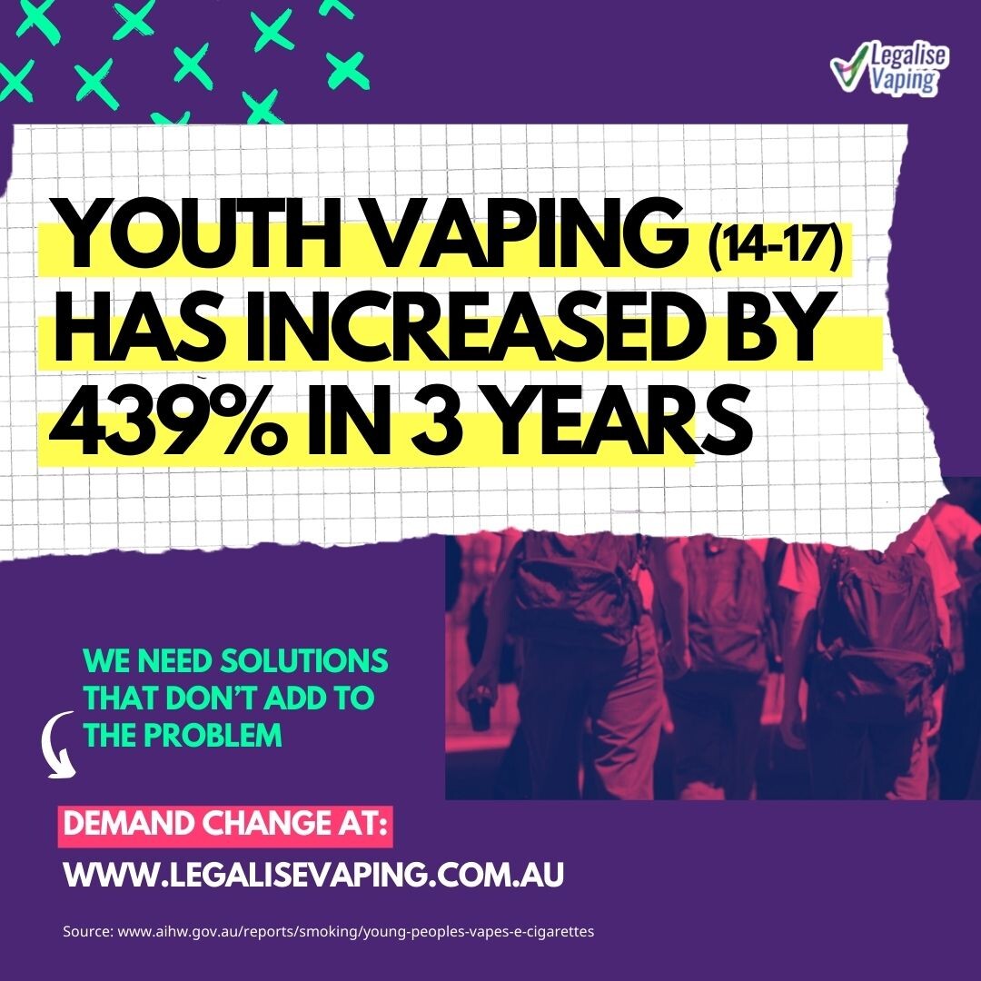 Youth vaping is on the rise. 

If the government doesn’t act urgently, youth vaping will continue to escalate.

Write to your Federal MP and ask them to take a stand against youth vaping: legalisevaping.com.au/email-your-mp #legalisevaping