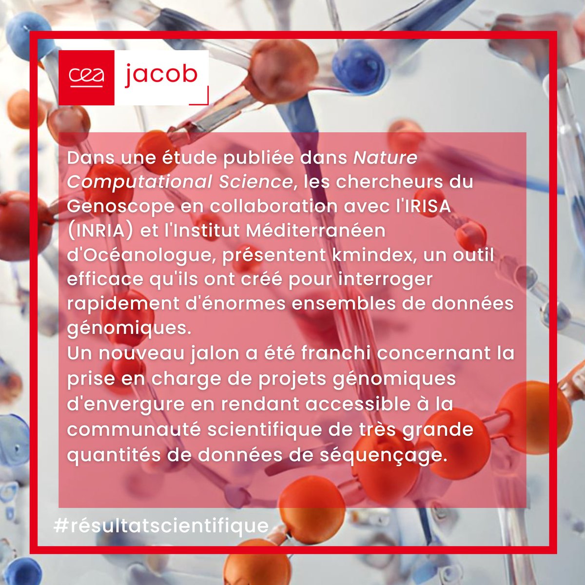 (1/2 🧵)[🔬#résultatscientifique] Dans une étude @NatComputSci, le @GenoUMR_GM en collaboration avec @irisa_lab et l'Inst. Méditerranéen d'Océanologue présentent #kmindex, un outil efficace qu'ils ont créé pour interroger rapidement d'énormes ensembles de données #génomiques.👇