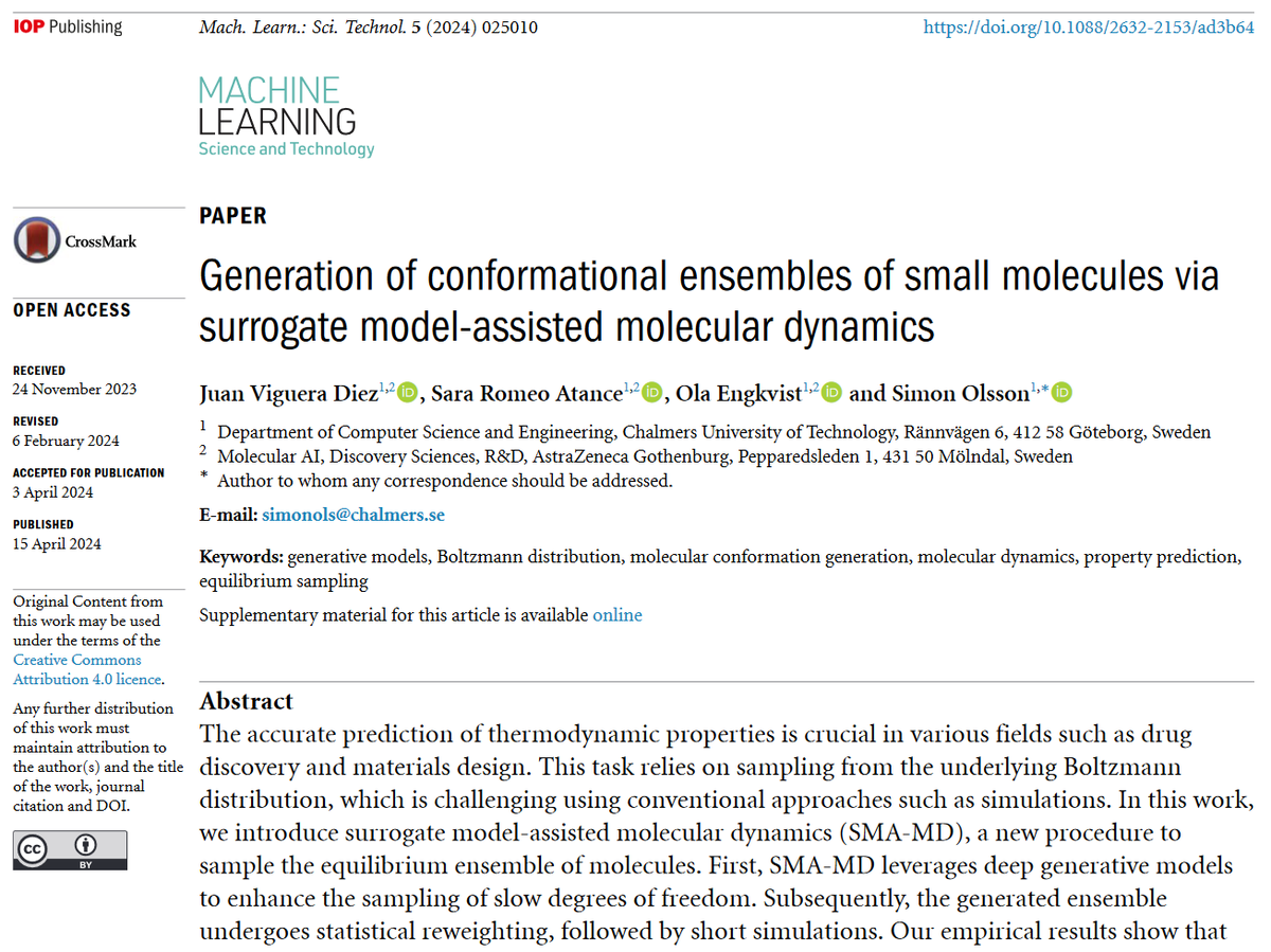 Great new work by @viguera10 Sara Romeo Atance, Ola Engkvist @smnlssn @AstraZeneca @chalmersuniv @ChalmersAI - 'Generation of conformational ensembles of small #molecules via surrogate..... #moleculardynamics'- iopscience.iop.org/article/10.108… #machinelearning #AI #compchem #drugdiscovery