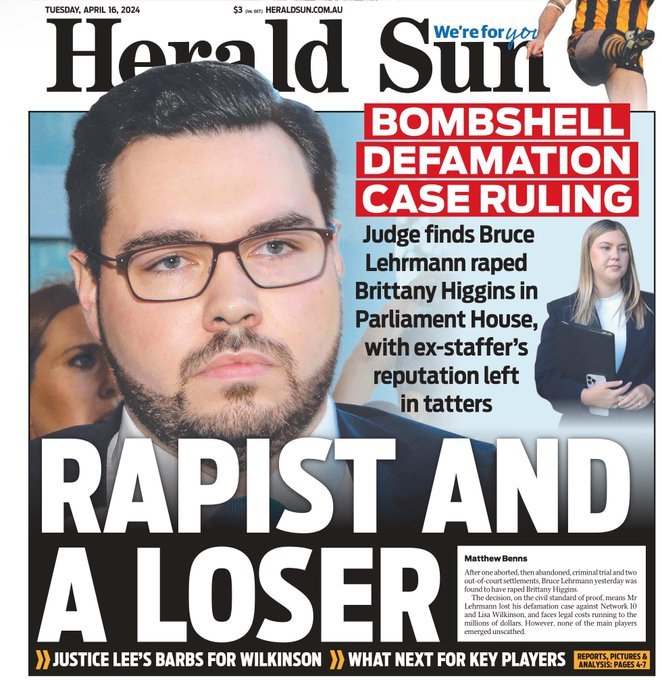 @TooheyMatthew You'll note that the Murdoch clone rag in Melbourne put it the other way around, emphasising his 'rapey-ness.' Qld readers are perhaps more prone to be sympathetic towards rapist Lehrmann, the Toowoomba guy.