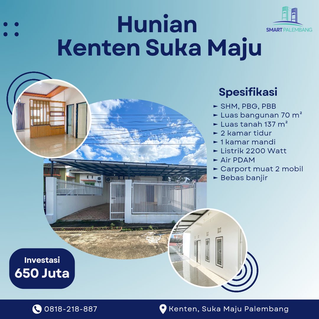 SmartPalembang's tweet photo. Hunian Kenten Suka Maju

SHM, PBG, PBB
LB 70 m² LT 137 m²
Listrik 2200 Watt
Air PDAM
Carport 2 mobil
Bebas banjir

📊 Rp 650 juta

Buruan survei lokasi sebelum kehabisan❗️

#rumahkentenpalembang
#rumahsukamajupalembang
#rumahpalembang
#propertipalembang
#smartpalembang https://t.co/s0woZ8aKzP