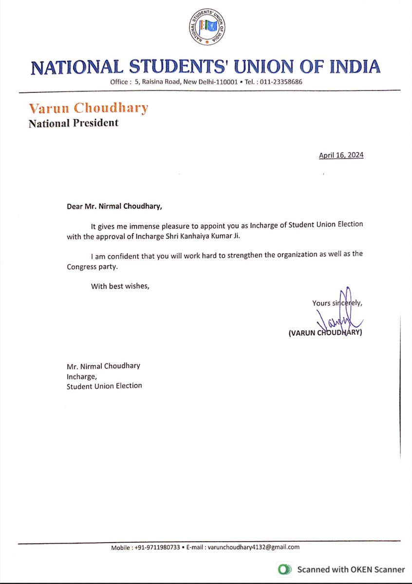 nsui's tweet photo. NSUI Incharge Shri @kanhaiyakumar and National President Shri @varunchoudhary2 has appointed Shri @NirmlChoudhary as Incharge of Student Union Election with immediate effect
#NSUI https://t.co/ksBIDBNPoR