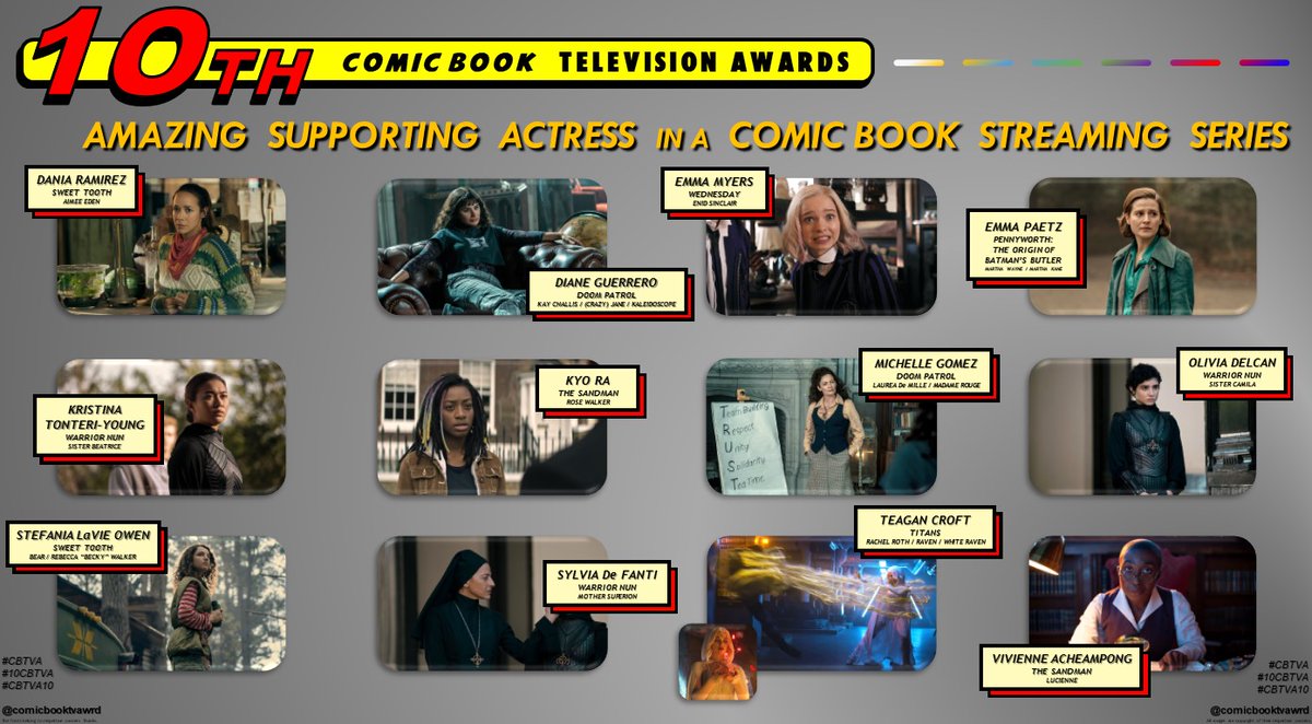 ComicBookTVAwrd's tweet photo. AMAZING SUPPORTING ACTRESS in a COMIC BOOK STREAMING SERIES
#AimeeEden
#KayChallis #CrazyJane
#EnidSinclair
#MarthaWayne #MarthaKane
#SisterBeatrice
#RoseWalker
#MadameRouge
#SisterCamila
#Bear #Becky
#MotherSuperion
#Raven #WhiteRaven
#Lucienne
#CBTVA #10CBTVA #CBTVA10 https://t.co/jEIAPhmi2z