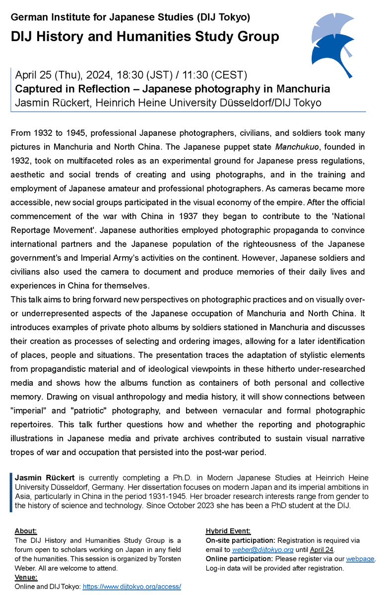 dij_tokyo's tweet photo. Join our #DIJStudyGroup "Captured in Reflection – Japanese photography in Manchuria" with Jasmin Rückert on April 25 for exciting insights into how Japanese soldiers and civilians used their cameras to portray life in Manchukuo. Online &amp; onsite @dij_tokyo https://t.co/UNcchoAC0U https://t.co/j96k7PSUzv