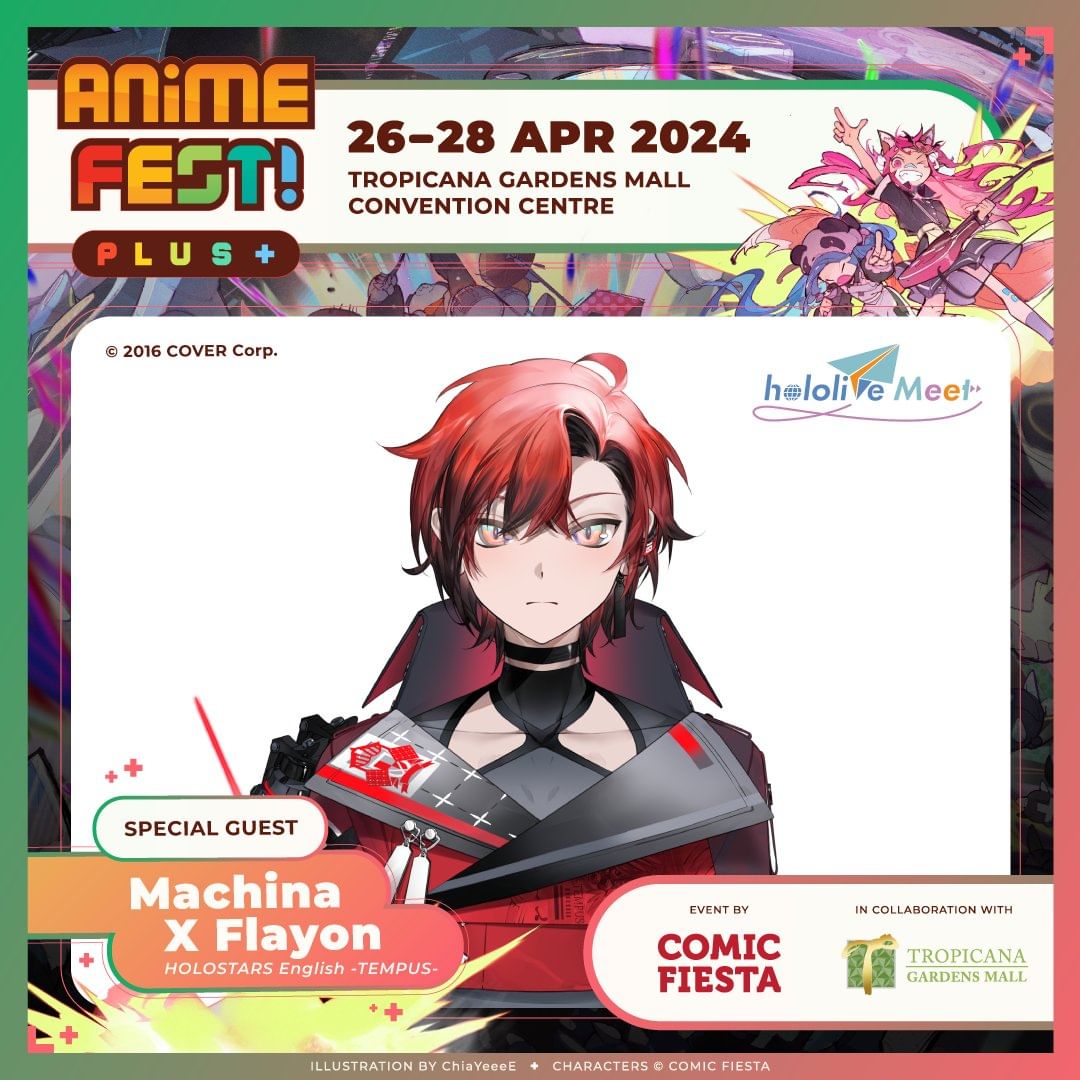 [Anime Fest! Plus +]
#animefestplus

Special Guests (3/3)
- Airani Iofifteen  from #hololiveID
- Koseki Bijou  from #holoAdvent
- Gavis Bettel  from #holoTEMPUS
- Machina X Flayon  from #holoTEMPUS

#hololiveMeet #hololiveEN #HOLOSTARS #personalshopper #acgevents
