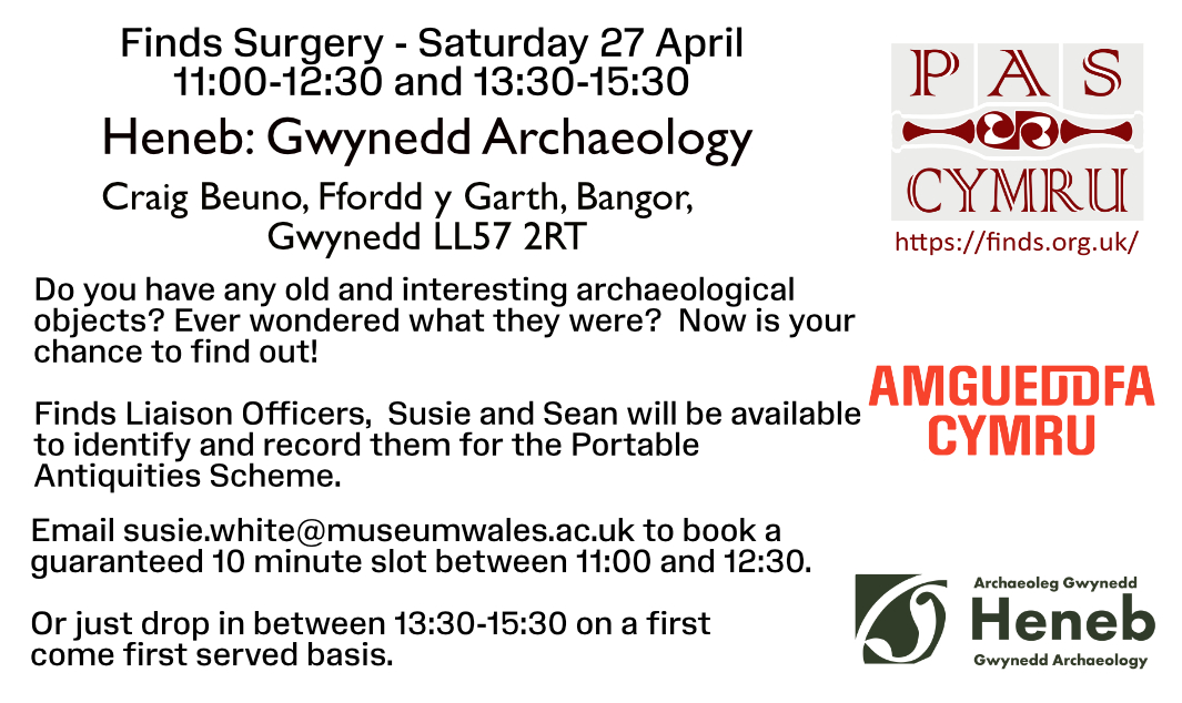 Finds Surgery time again - on the 27th April I'll be in Bangor - here is all the information you need.  Come and say hello #ResponsibleDetecting #RecordYourFinds @findsorguk