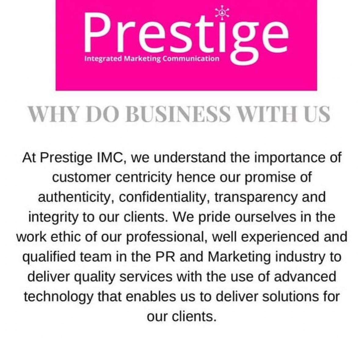 Service is serving and it goes a long way. People before profit. 

#prestigepr #prestigeimc #marketing #digitalmarketing #digitalmarketingagency #digitalmarketing #communication #womeninpr #publicrelationsafrica #africanwomeninpr #pragency