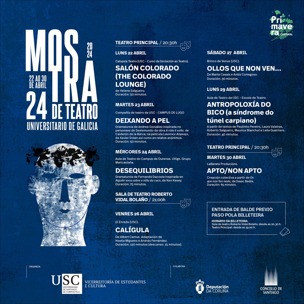 🎭 A próxima semana comeza a XXIV Mostra de Teatro Universitario de Galicia: do 22 ao 30 de abril!! 🎟️ Acceso aberto e de balde, previa recollida de entrada. ➕ Info: usc.gal/gl/servizos/ar… #PrimaveraCultural #Culturausc