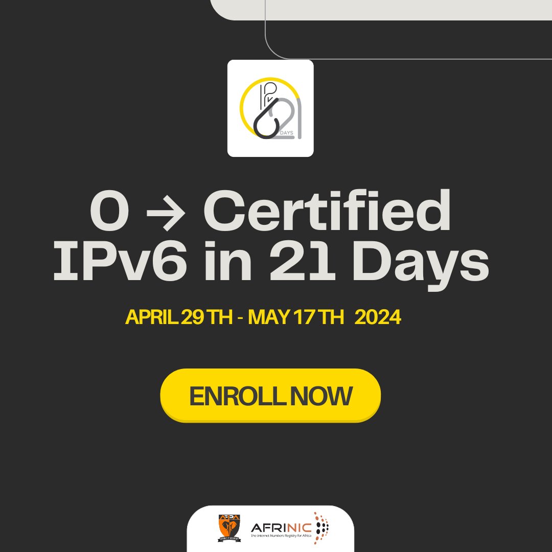 Are you ready to improve your #IPv6 skills? 

In 21 days, master the skills required to confidently lead your company’s IPv6 deployment and become a globally recognised IPv6-certified engineer.

🔗 Register Now: bit.ly/zv6