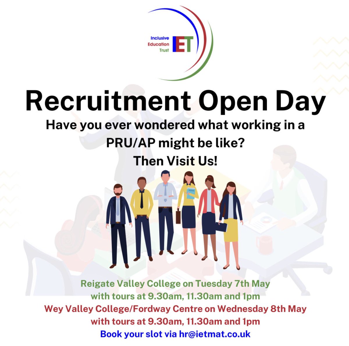 Reigate Valley College (@rvc_surrey) on Twitter photo Have you ever wondered what it’s like working in Alternative Provision??
Why not come and see for yourself all the amazing and fun work we have an open day on Tuesday 7th of May and tours will be run at 9:30am, 11:30am and 1pm
Book your slot now via hr@ietmat.co.uk Have you ever wondered what it’s like working in Alternative Provision??
Why not come and see for yourself all the amazing and fun work we have an open day on Tuesday 7th of May and tours will be run at 9:30am, 11:30am and 1pm
Book your slot now via hr@ietmat.co.uk