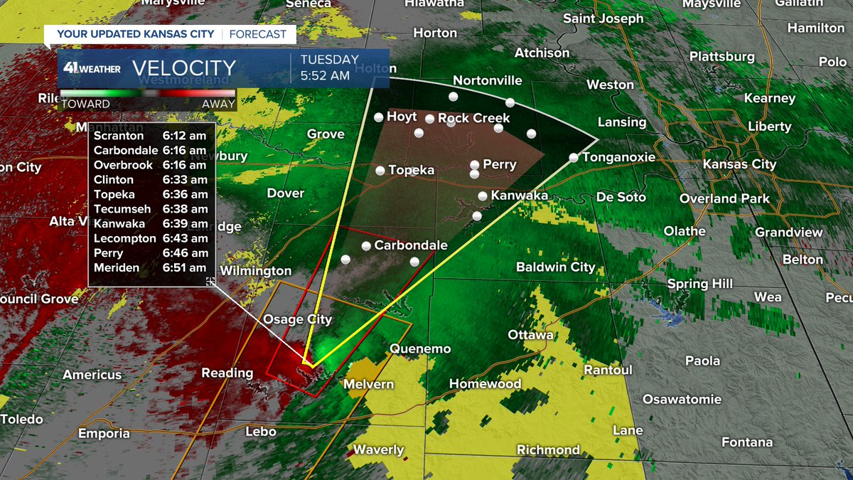 IMPORTANT: A tornado warning has been issued southwest of our viewing area...near Osage City, KS. I'll be watching this cell closely as it lifts northeast at 45 mph....tracking between Topeka & Perry, KS in the next 30 minutes. @kshb41