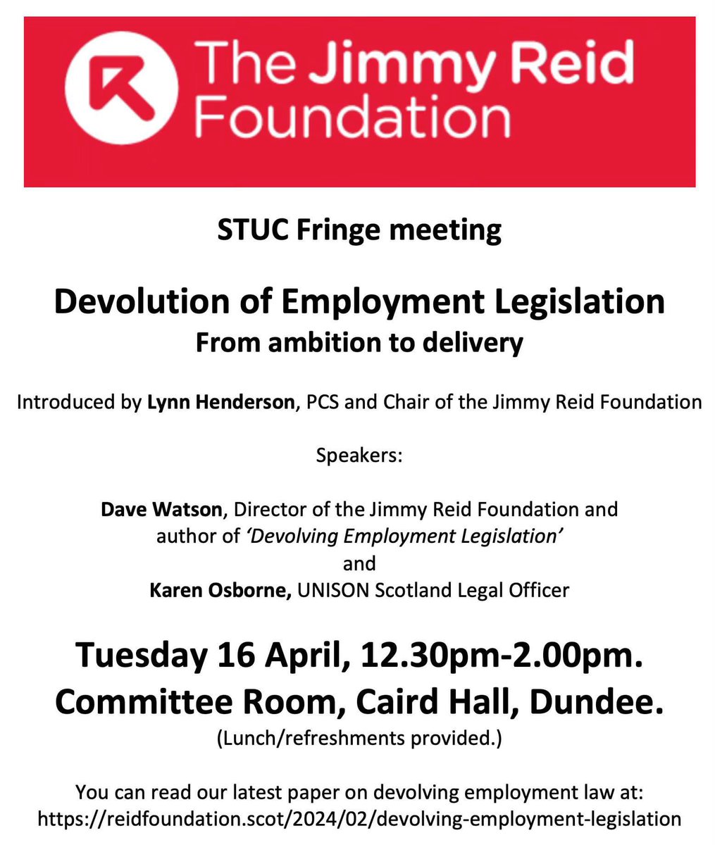 First Minister outlines why he supports the devolution of employment law at #STUC24. Find out how what this might mean in practice at our fringe meeting this lunchtime in Committee Room 2 in the Caird Hall.