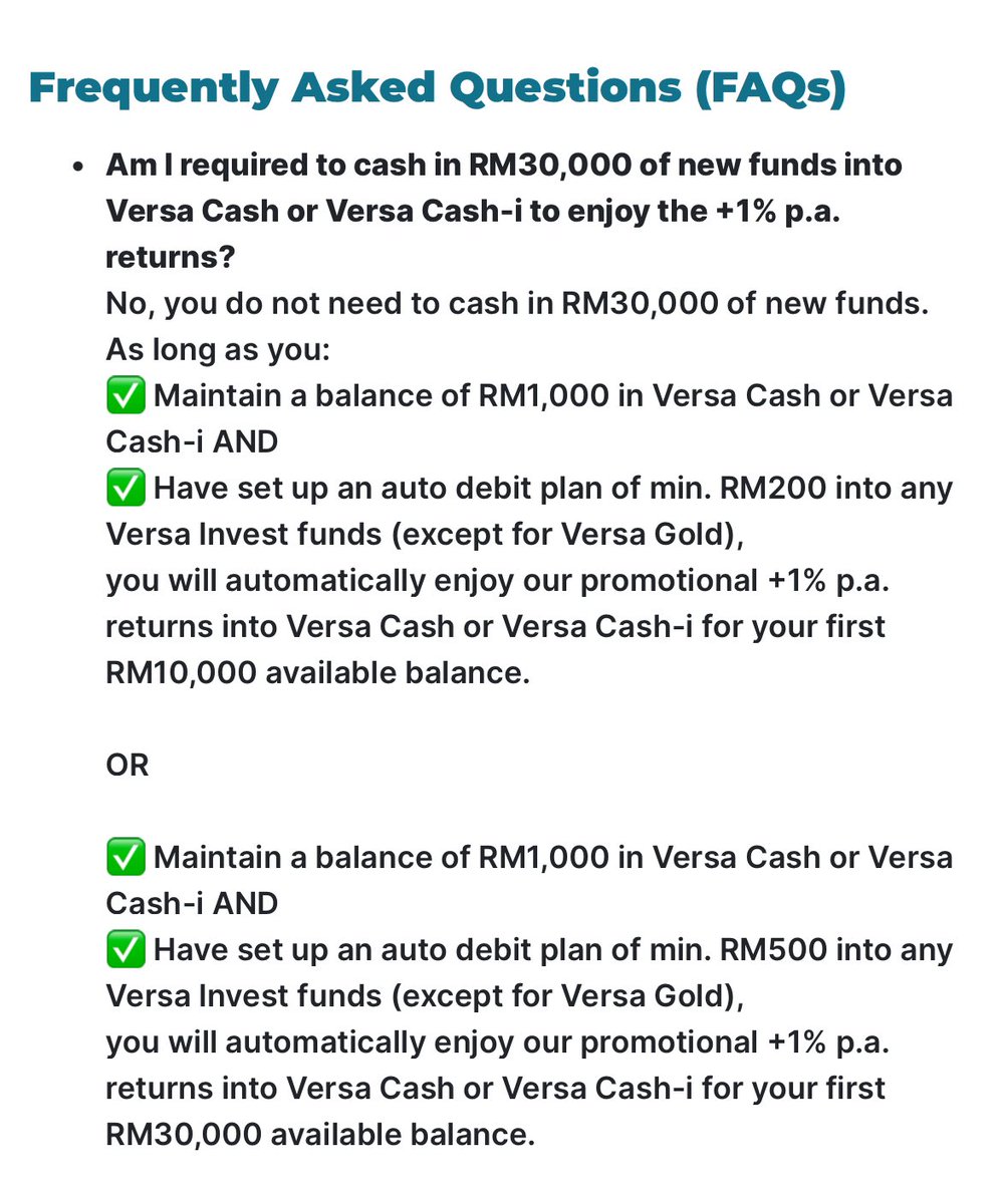 Lupa, perlu kekalkan baki RM1,000 dalam Versa Cash-i. Jadi untuk +1% p.a. returns ni perlu: - kekalkan baki RM1,000 dalam Versa Cash-i - buat Auto Debit (min RM200 atau RM500) dalam Versa Invest (Versa Moderate-i atau Versa Growth-i atau Versa Global-i)