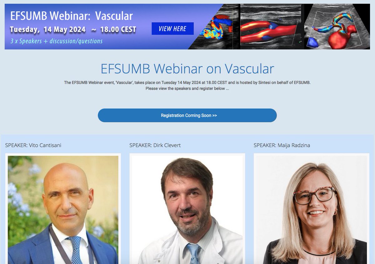 The EFSUMB Webinar event, 'Vascular', takes place on Tuesday 14 May 2024 at 18.00 CEST Take a look at the speakers and topics here. Registration is coming soon! efsumb.org/webinar-14-may…