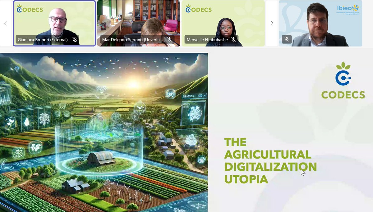 We start a packed Science Policy @HORIZONCODECS webinar with contributions from policy and science on Sustainable Digitalisation Agriculture and Rural Development. Our coordinator Professor @gbrunori, starts off aiming high, outlining an EU 'Agricultural Digitalisation Utopia'.